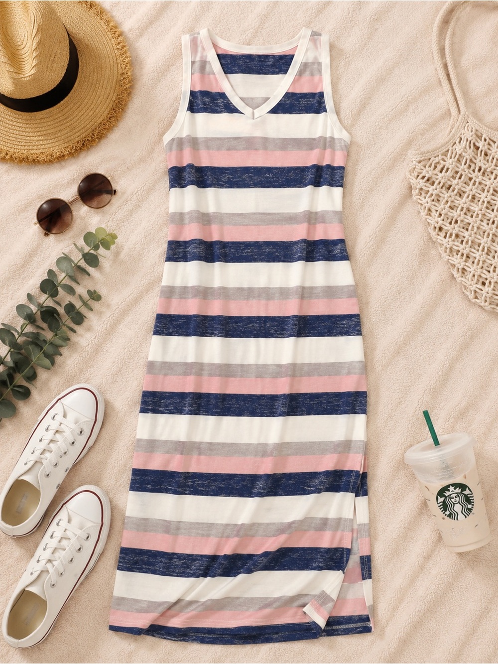 Sleeveless V-Neck Striped Maxi Dress in Pink, Navy & White
